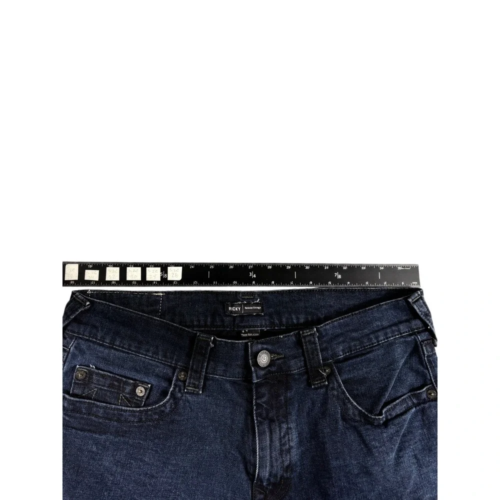 True Religion Ricky Shorts Mens 36 Blue Denim Dark Wash Raw Hem Relaxed Straight